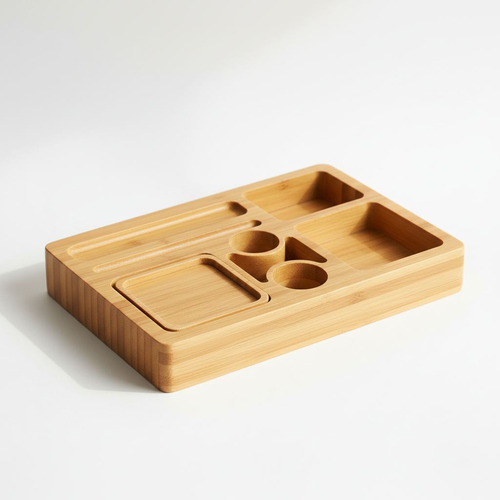Bamboo desk organizer tray on a clean surface